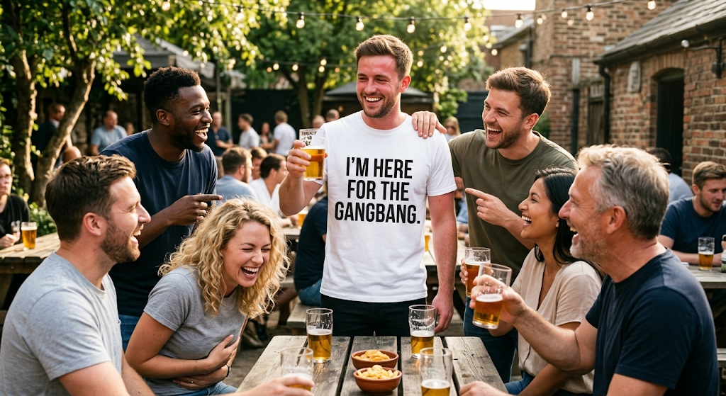 Adult friends laughing in a pub garden beside a man wearing the white slogan shirt