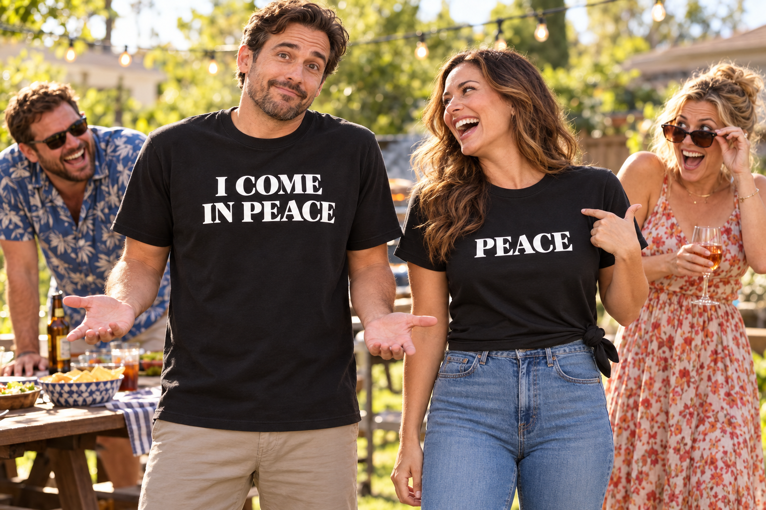 Friends laughing at the matching I COME IN PEACE and PEACE shirts; her regular tee is tied at the hip