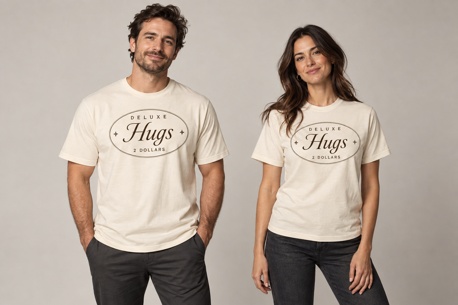 Two adult models wearing cream T-shirts with brown oval prints reading Deluxe Hugs 2 DOLLARS
