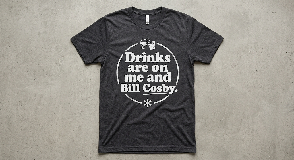 Charcoal T-shirt with white vintage lettering reading Drinks are on me and Bill Cosby.