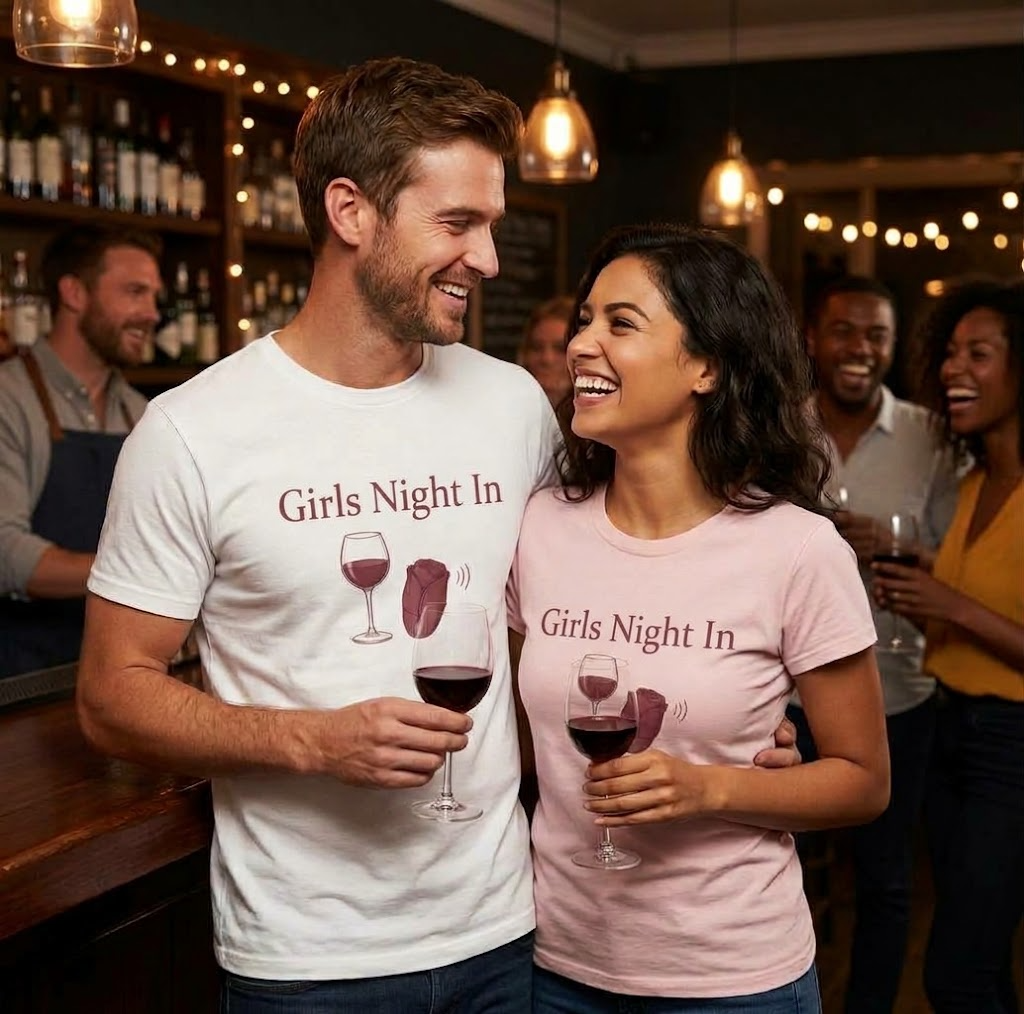 A laughing couple wearing the new Girls Night In wine and rose design