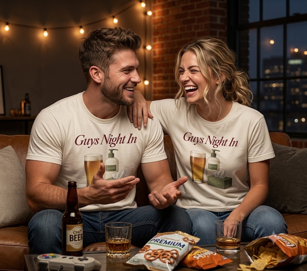 Two adults laughing on a sofa wearing cream Guys Night In shirts