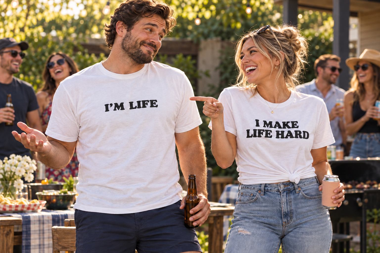 A couple laughs at their matching I’M LIFE and I MAKE LIFE HARD tees at a backyard party