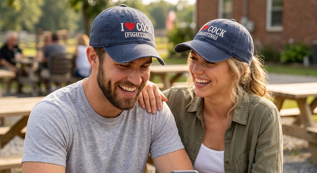 Two adults laughing together outdoors while wearing navy I love COCK (FIGHTING) caps