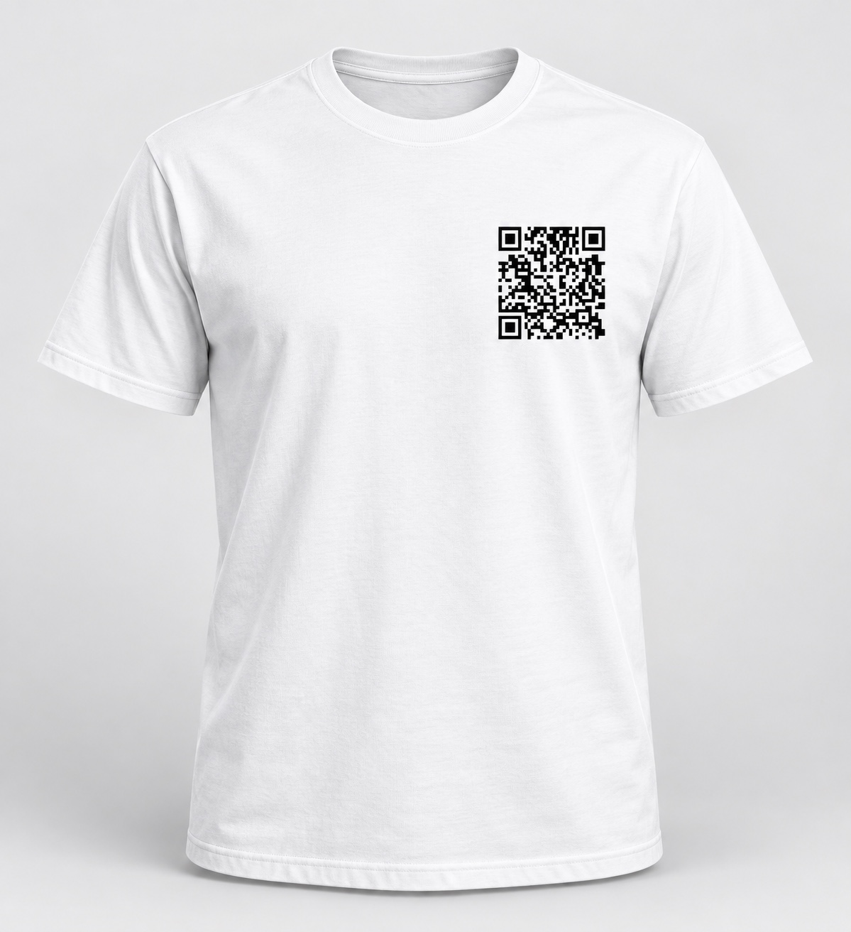 White T-shirt with a black QR code at the left chest pocket position