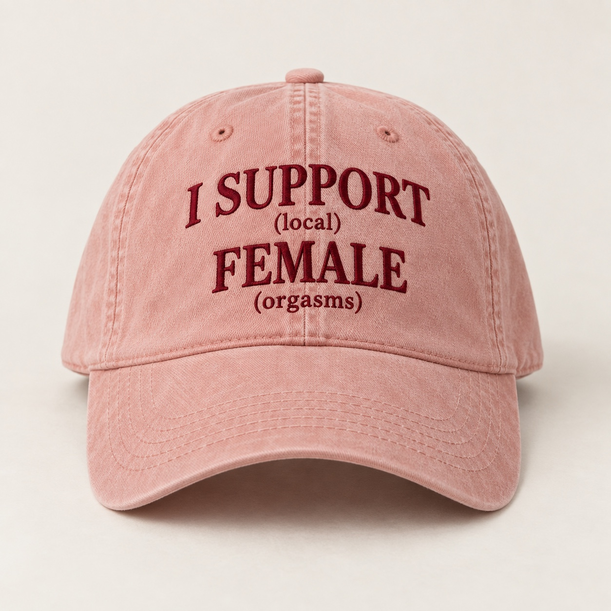 Pastel pink hat with burgundy I SUPPORT (local) FEMALE (orgasms) embroidery