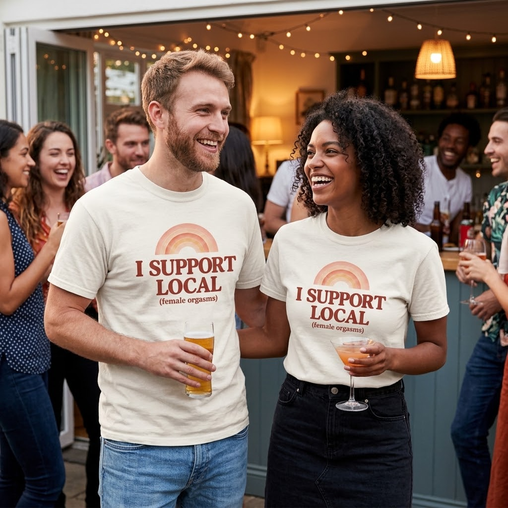 A man and woman laughing at a party in matching white rainbow I SUPPORT LOCAL shirts